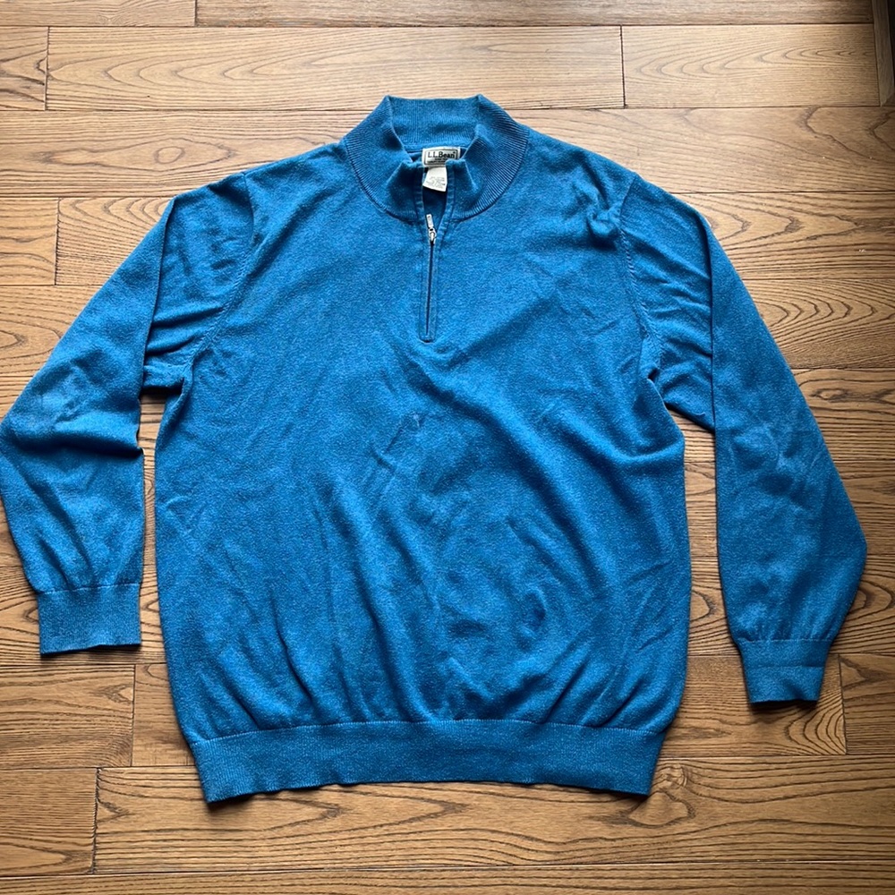 LL Bean Mens Size XL  Blue Cotton Cashmere Blend 1/4 Zip Sweater